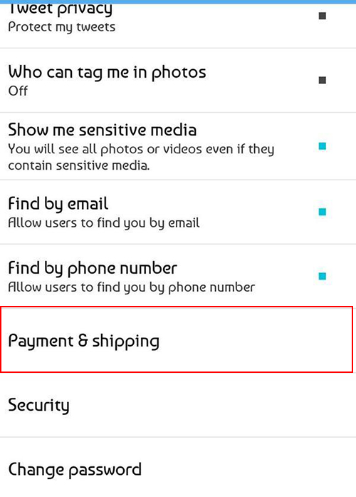 Twitter 設置內所出現的「payment and shipping」選項。