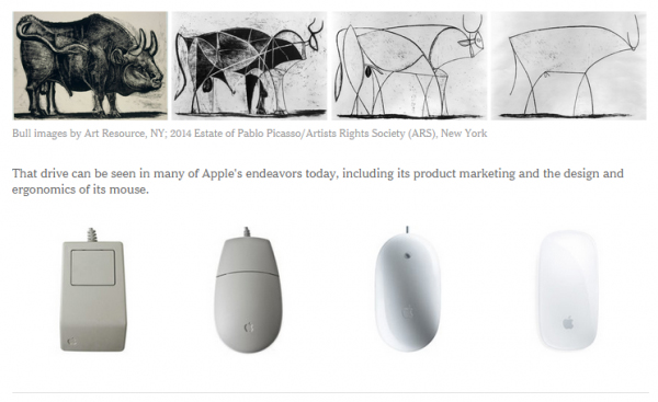 傳授有關蘋果「簡化產品」的設計理念時，導師使用了畢卡索的作品《公牛》作為比喻，讓員工更直接地認識到極簡的產品設計是如何完成的。