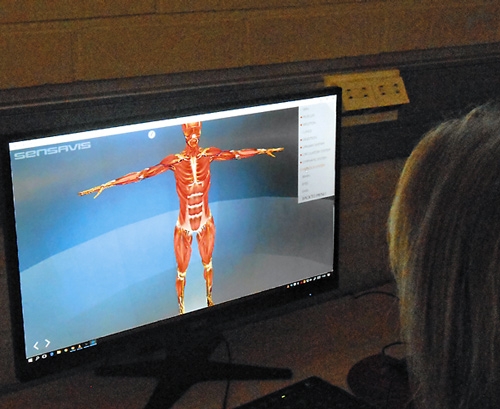 圖片:學校設有數碼美術科，圖中的學生正製作一齣3D動畫，內容是向觀眾講述人體的構造。
