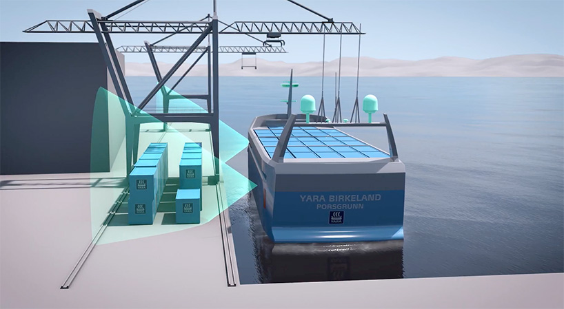 YARA Birkeland配備感應器，讓船隻能自動靠岸。（YARA官方模擬圖片）