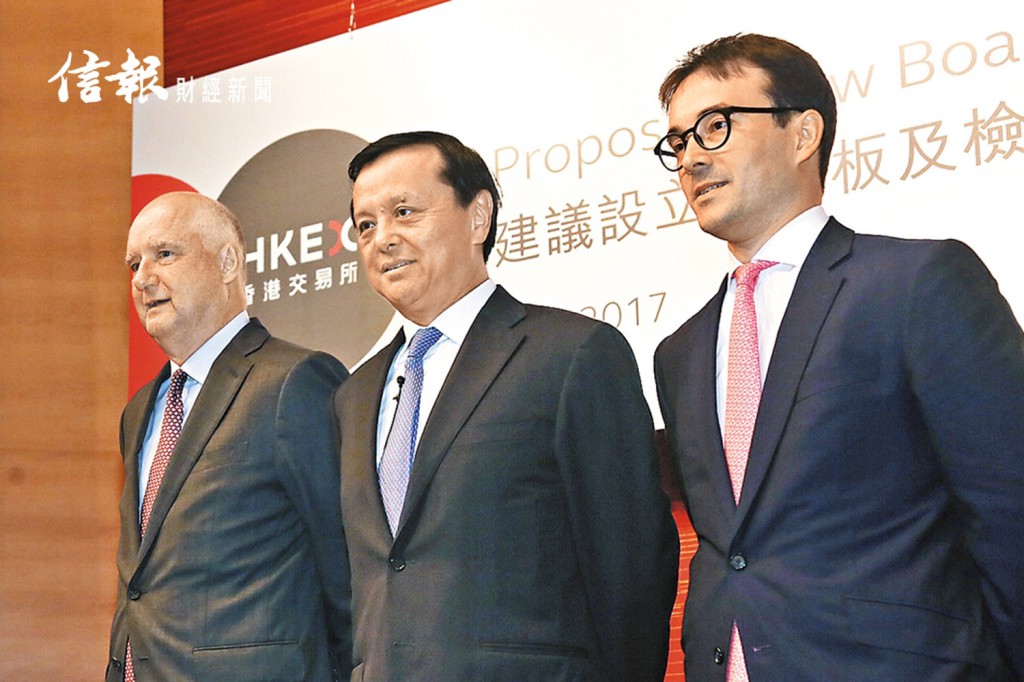 （左起）戴林瀚、李小加及霍炳光三位港交所高層為設立創新板主持記者會。（黃潤根攝）