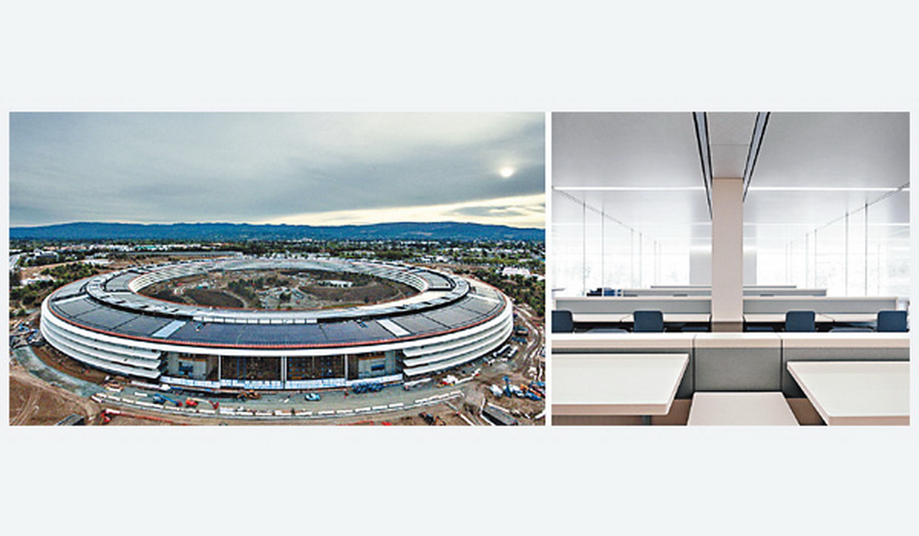 Apple Park（左圖）外形猶如宇宙飛船，總共只有四層高；內裏辦公空間（右圖）採用開放式設計。（網上圖片）