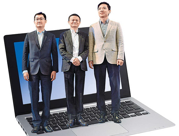 騰訊馬化騰（左起）、阿里馬雲及百度李彥宏為爭奪雲端市場各展奇謀。