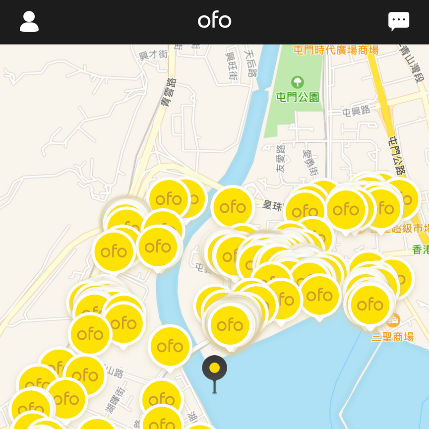 用戶只要登記香港版ofo 手機程式，即可發現屯門區有大量小黃車。