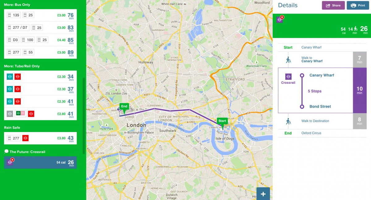 Citymapper以點對點的地圖定位導航方式，呈現不同的交通接駁選項。（網上圖片）