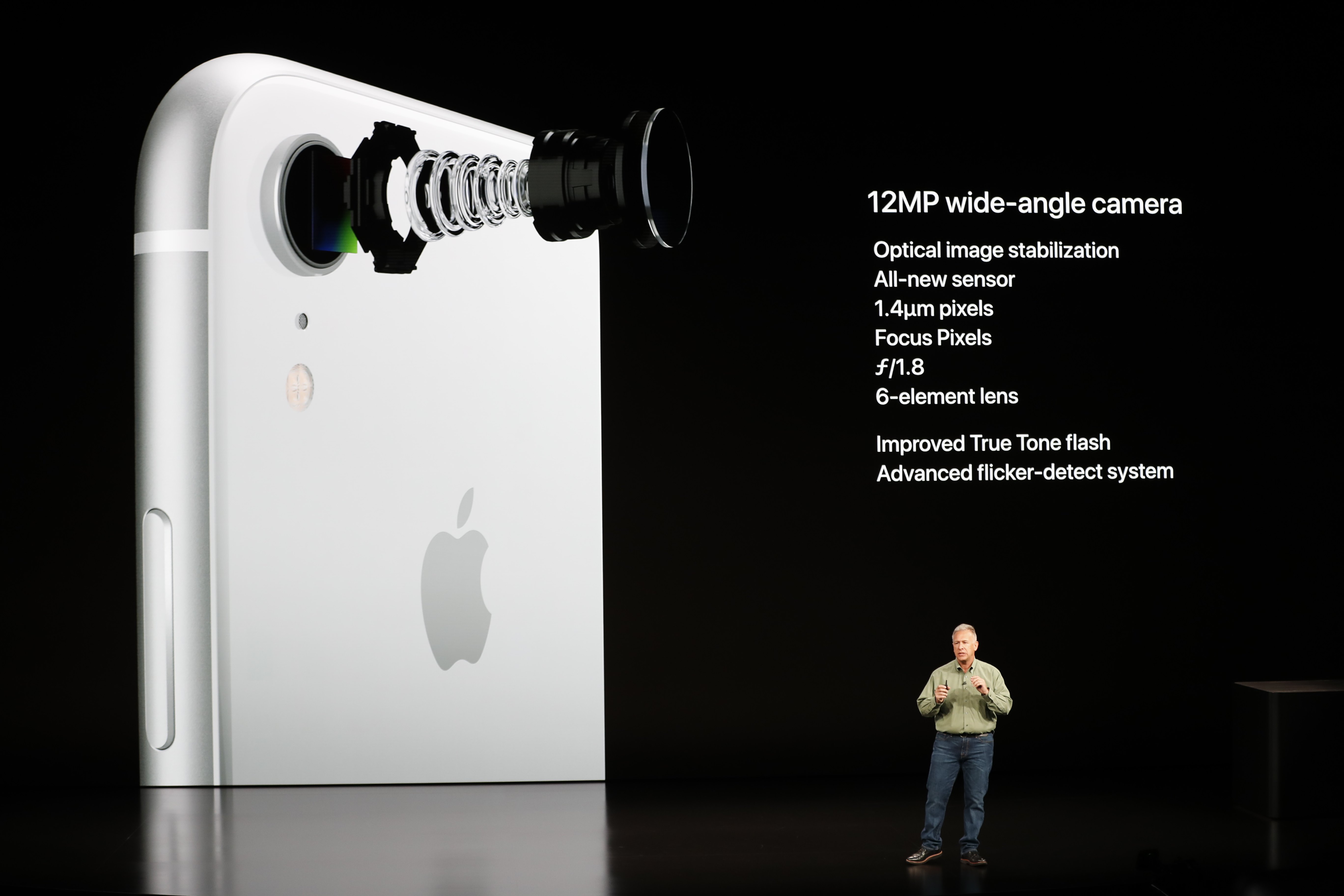 蘋果環球市務高級副總裁兼Philip W. Schiller介紹iPhone XR的攝影功能。(路透圖片)