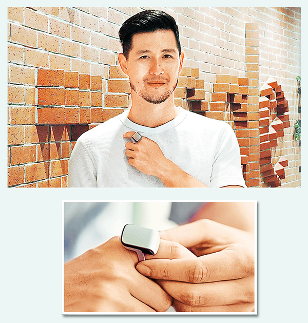 Origami Labs聯合創辦人黃家恒介紹，用戶戴上ORII智能戒指後（下圖），即能以骨傳導技術，經藍牙接聽電話。（陳子健攝、ORII網站圖片）
