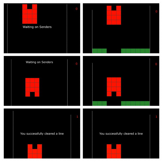 圖左的「訊息接收者」負責轉動下降的俄羅斯方塊，卻只能看到屏幕的上半畫面；圖右的「訊息傳送者」能直擊遊戲過程卻無法直接操作，只能單向發出「旋轉」或「不旋轉」的腦部訊息。（ArXiv網上圖片）