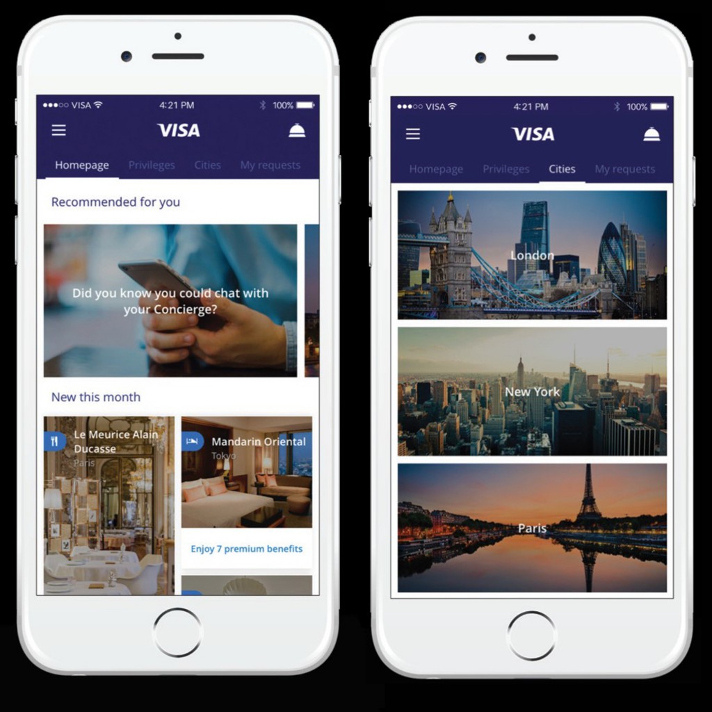 Visa Concierge手機應用程式讓Visa持卡人通過手機，於全球15個熱門旅遊目的地享受一系列的獨家禮遇。
