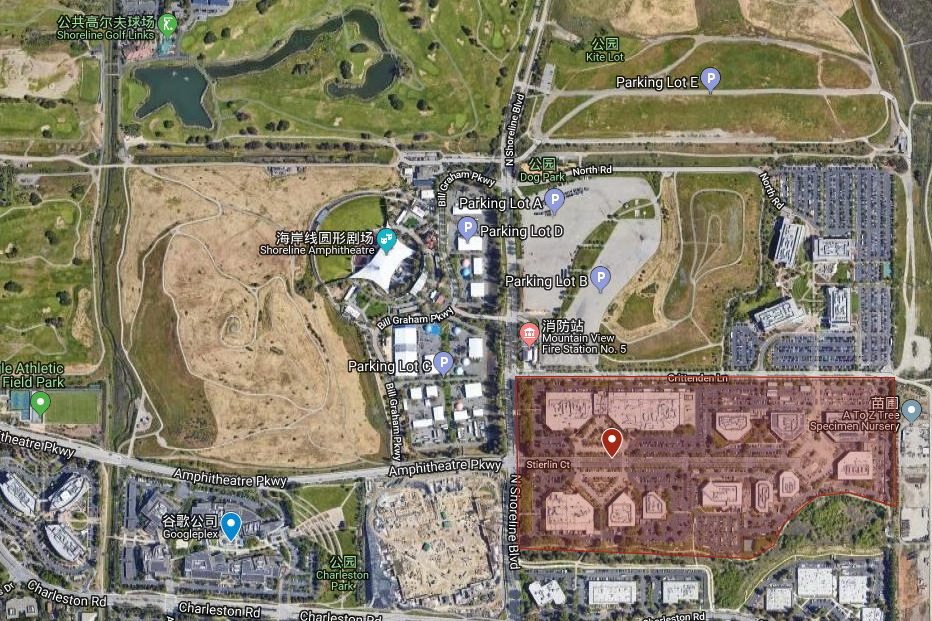 谷歌在美國加州山景城總部附近，以78億購入新辦公園區（紅框位置）。（網上圖片）