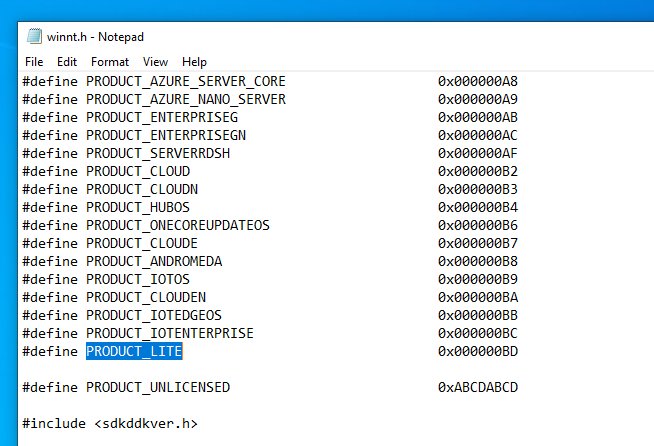 開發人員在Windows 10 SDK的18282版本中，從程式碼發現Lite字眼的蹤影。（Twitter網上圖片）