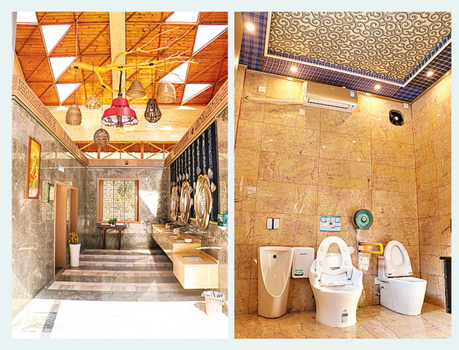 「小七孔」景區公廁堪比五星級酒店，還設多個「家庭式包廂」（右圖），面積大過香港劏房新盤，並以雲石鋪牆鋪地，可說是不惜工本。（網上圖片）