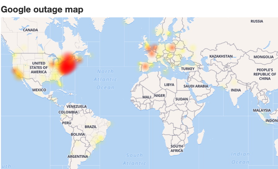 Down Detector網站顯示，今次Google的斷網地區，圖中紅色為較嚴重，黃色則較輕微，顯示美國東部為重災區，歐洲亦受一定影響。 （Down Detector圖片）