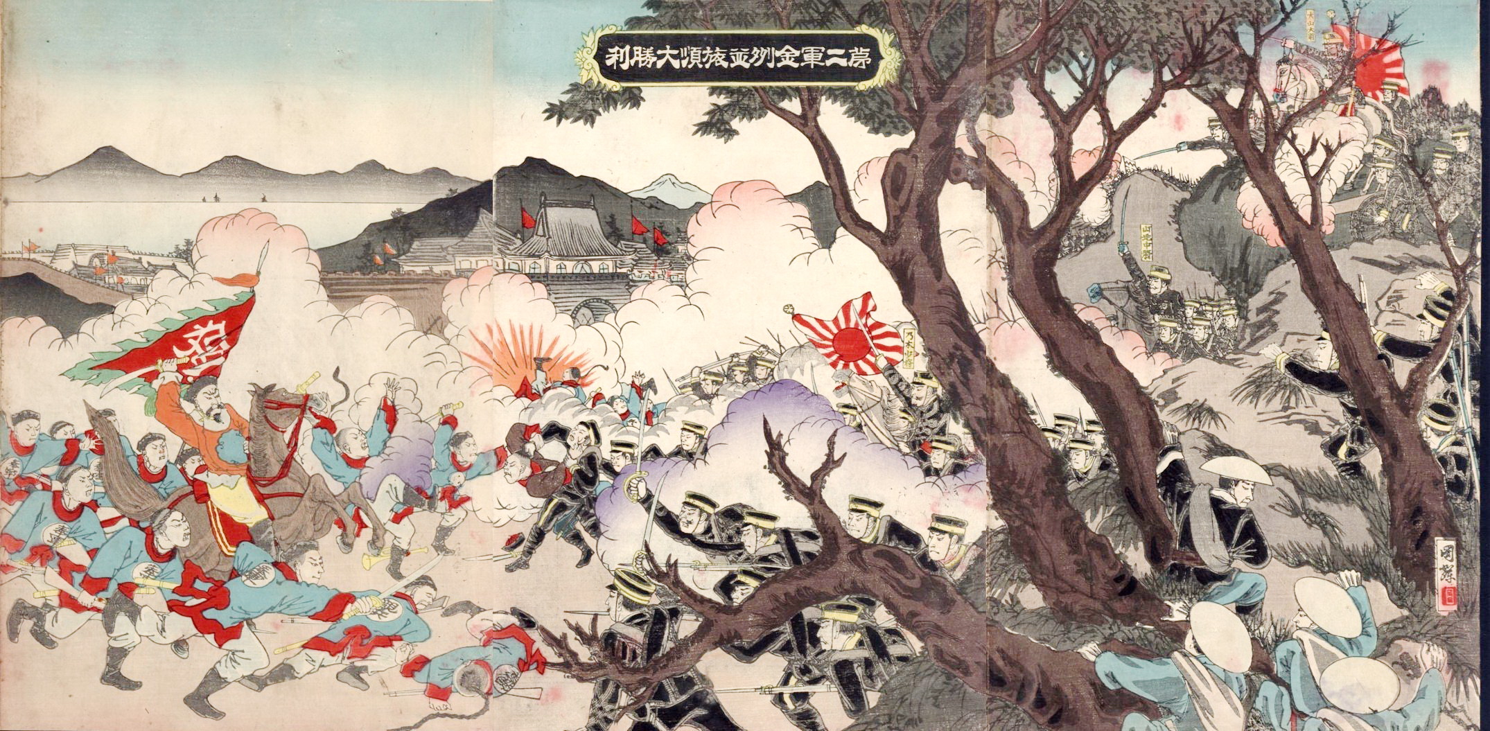 日本畫師以浮世繪風格描繪甲午戰爭的《臺灣陸軍攻擊之圖》。（資料圖片）