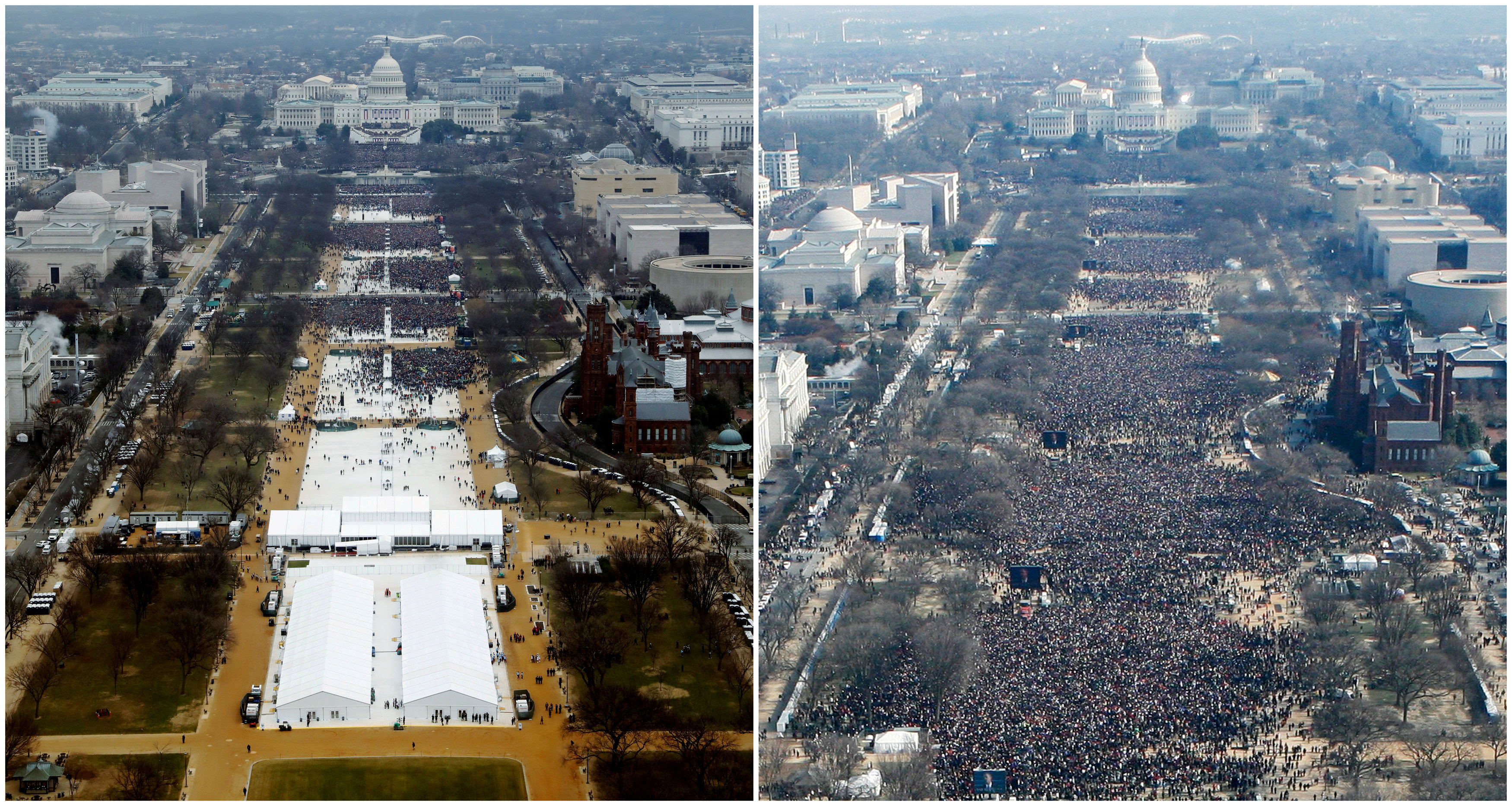 特朗普就職典禮後，有美國傳媒發布相片，對比奧巴馬（左）與特朗普（右）的就職典禮人數。