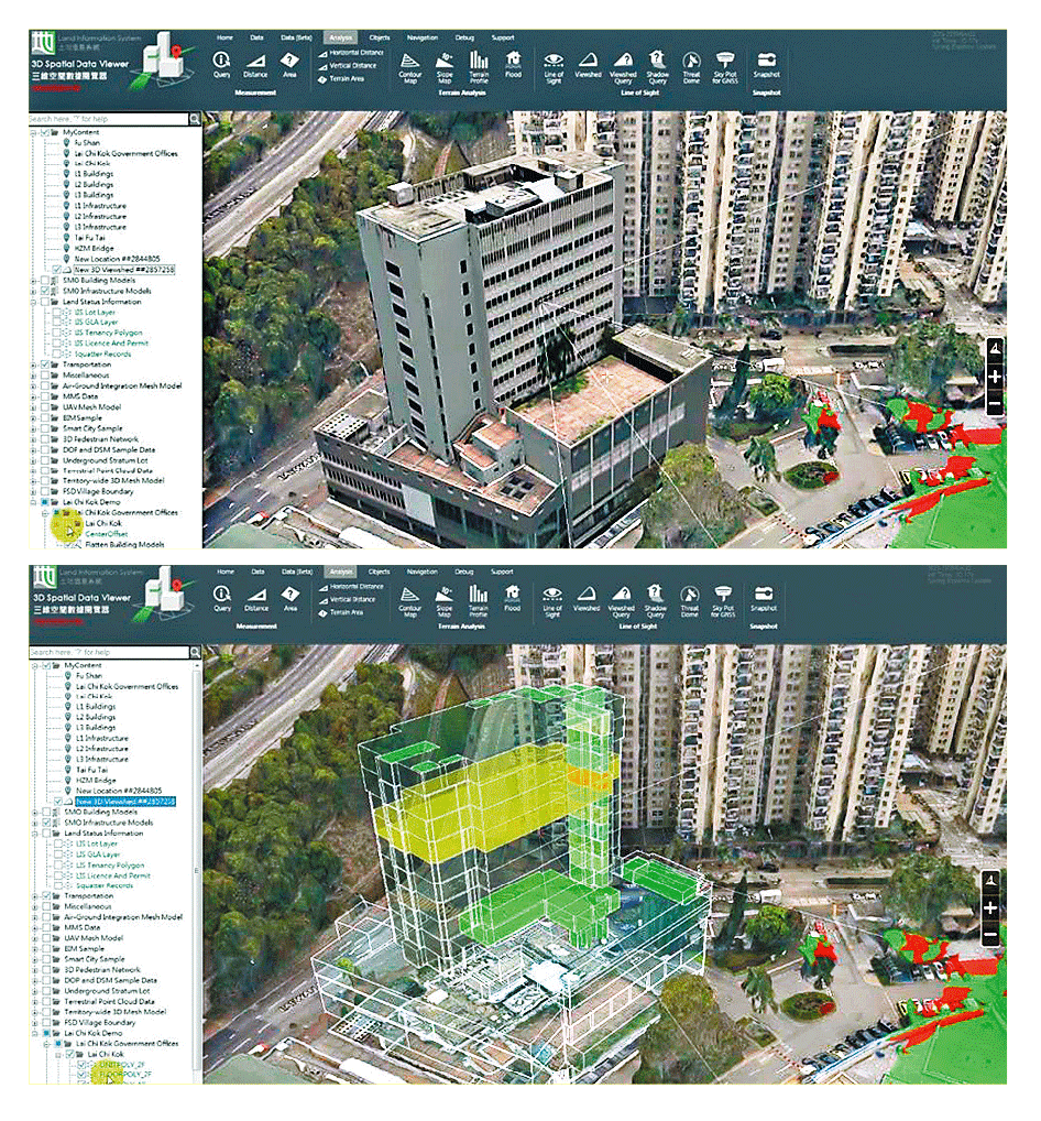 航空照片拍攝後【上圖】，經軟件作整合，並將之三維數碼化為香港城市景觀的3D實景模型【下圖】。（規劃署網上圖片）