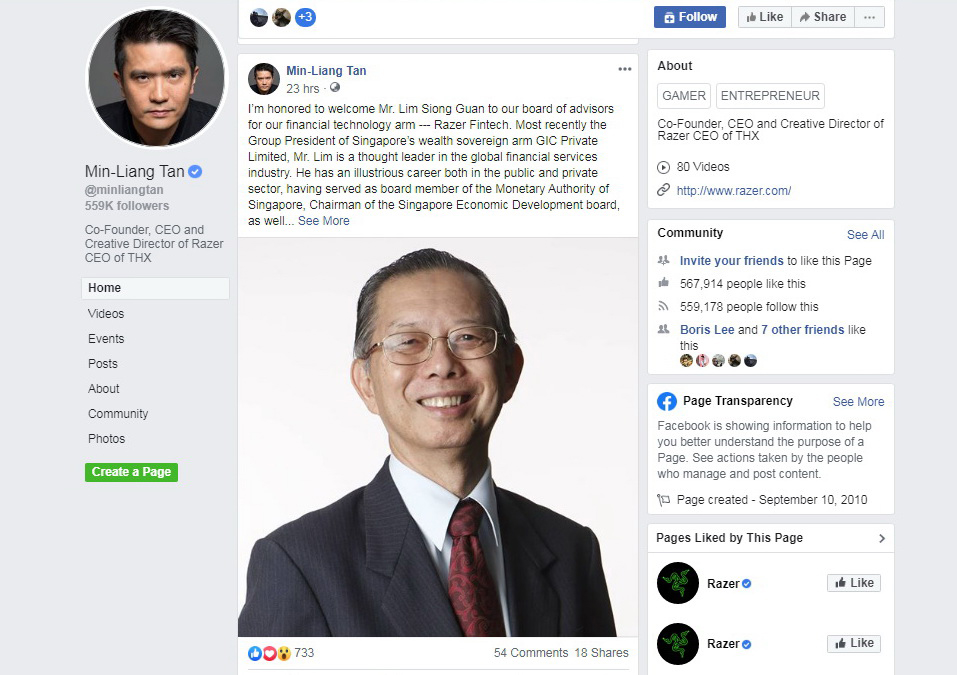 雷蛇聯合創辦人兼行政總裁陳民亮在Facebook宣布委任林祥源為顧問委員會成員。（網上圖片）