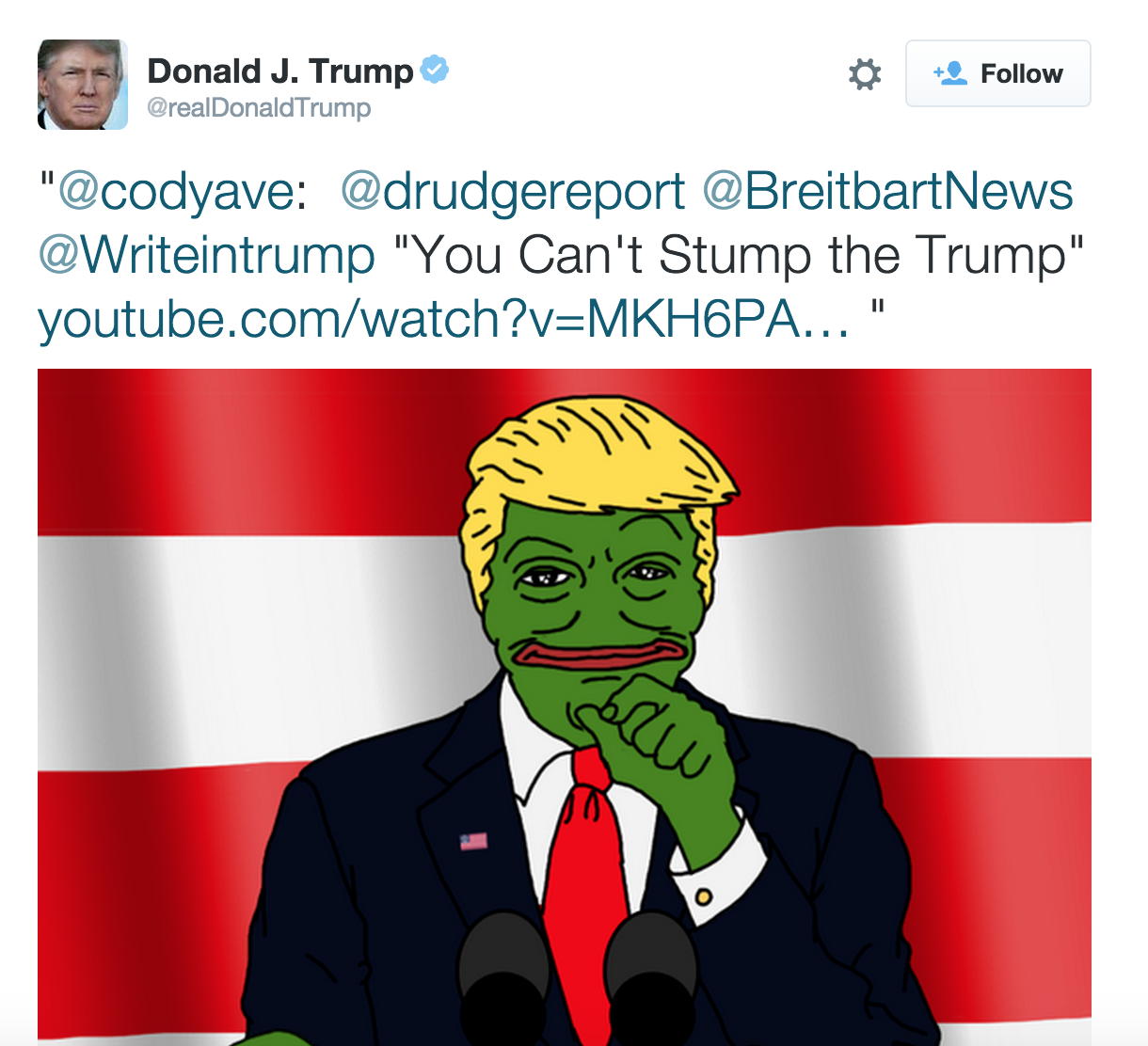 Pepe蛙曾被挑選為特朗普網軍的吉祥物，特朗普更在Twitter上發布一張本人成了Pepe的P圖照片。（特朗普Twitter截圖）