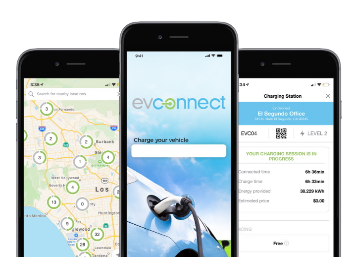EV Connect讓用戶藉手機程式地圖，實時查看附近充電站泊位的使用情況。（EV Connect 網上圖片）