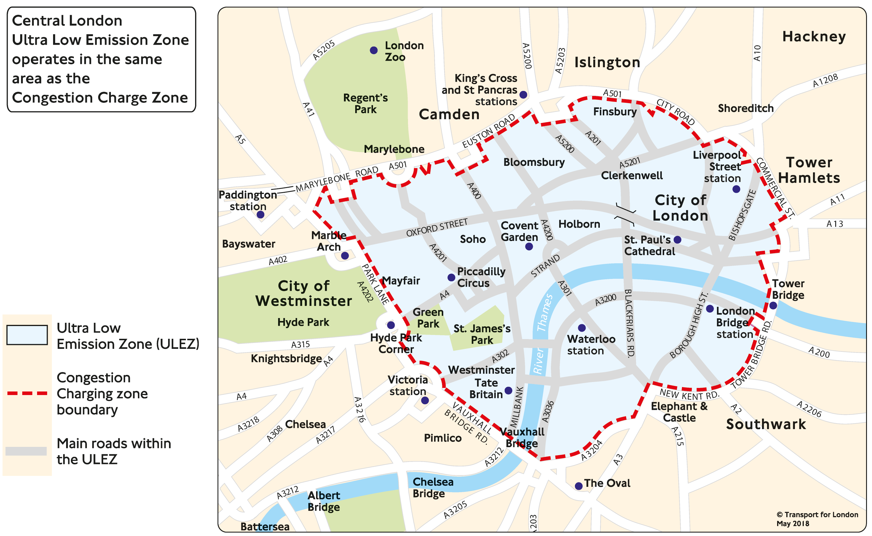 倫敦交通免費發布與該市交通相關的數據，允許開放予任何人使用；圖為倫敦超低排放區的分布。（倫敦交通局圖片）