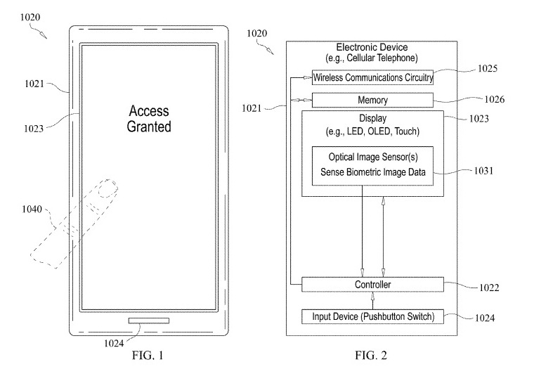 蘋果提交的屏下指紋專利文件，涉及與OLED面板相關的描述。（USPTO網上圖片）