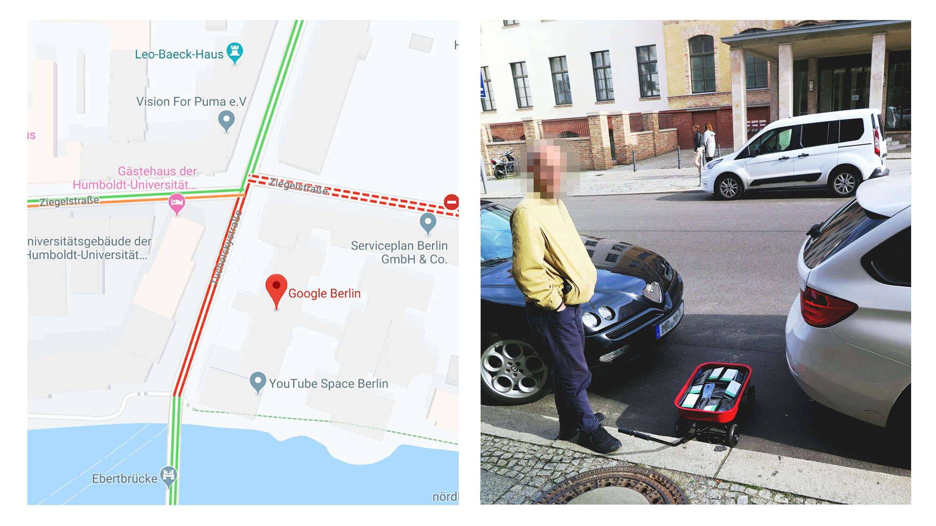 德國行為藝術家拖着一籃智能手機於街上慢步，在Google Maps製造塞車假象(左圖紅色線）。（網上圖片）