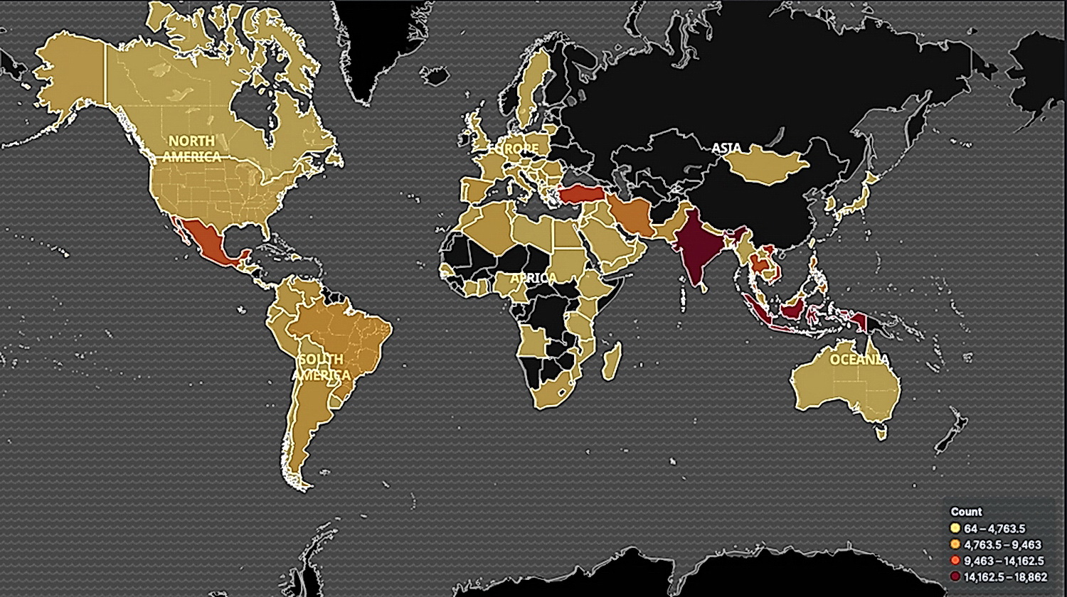 Necurs受害者遍布全球，印度更是重災區，超過9萬部電腦受感染。（Bitsight圖片）