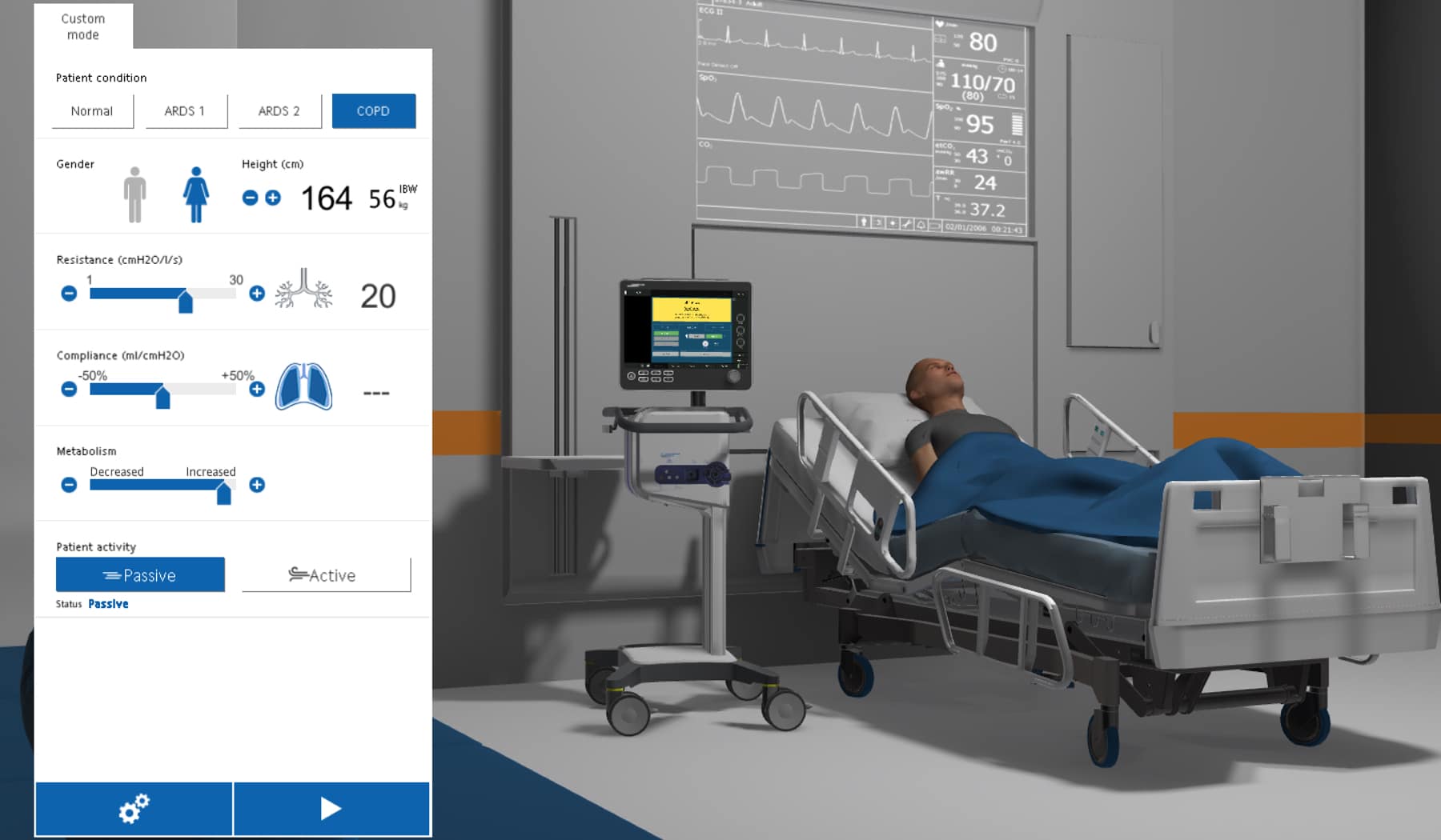 模擬器程式顯示虛擬病人的經肺壓（Transpulmonary Pressure）、血液氣體分析（BGA）等身體參數。（Hamilton Medical圖片）