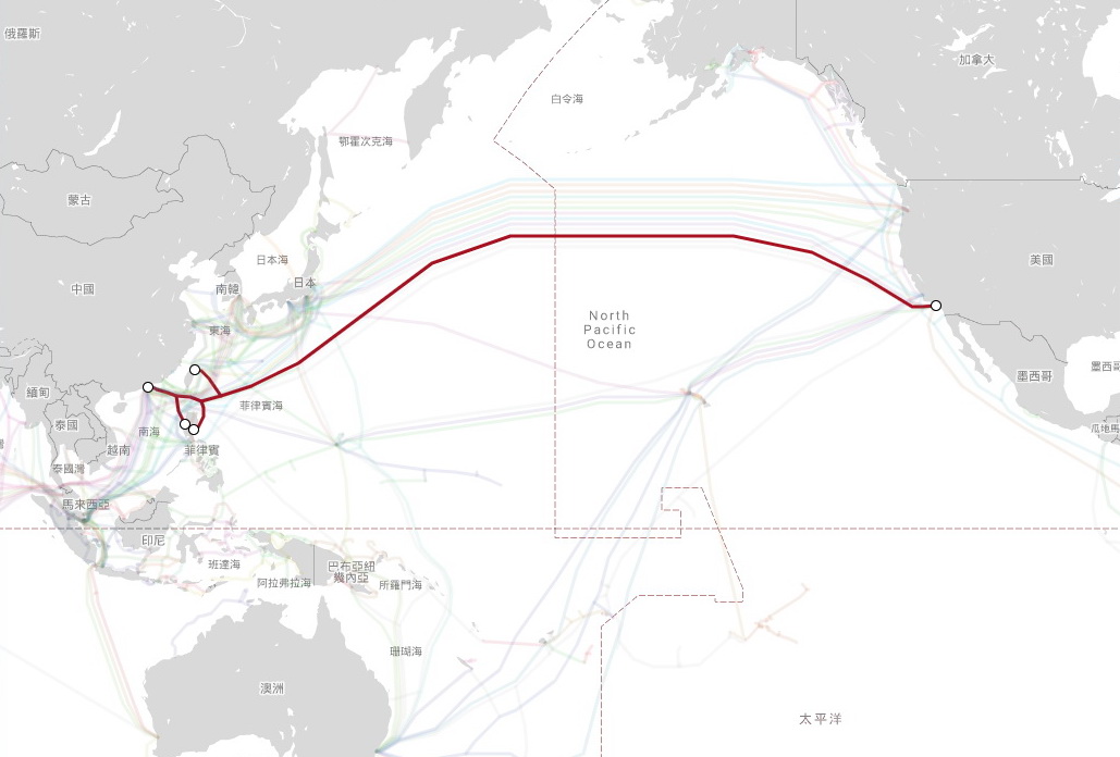 PLCN原計劃在香港和美國洛杉磯之間鋪設1.29萬公里的海底光纜，其建設成本至少3億美元。（Submarinecablemap網上圖片）