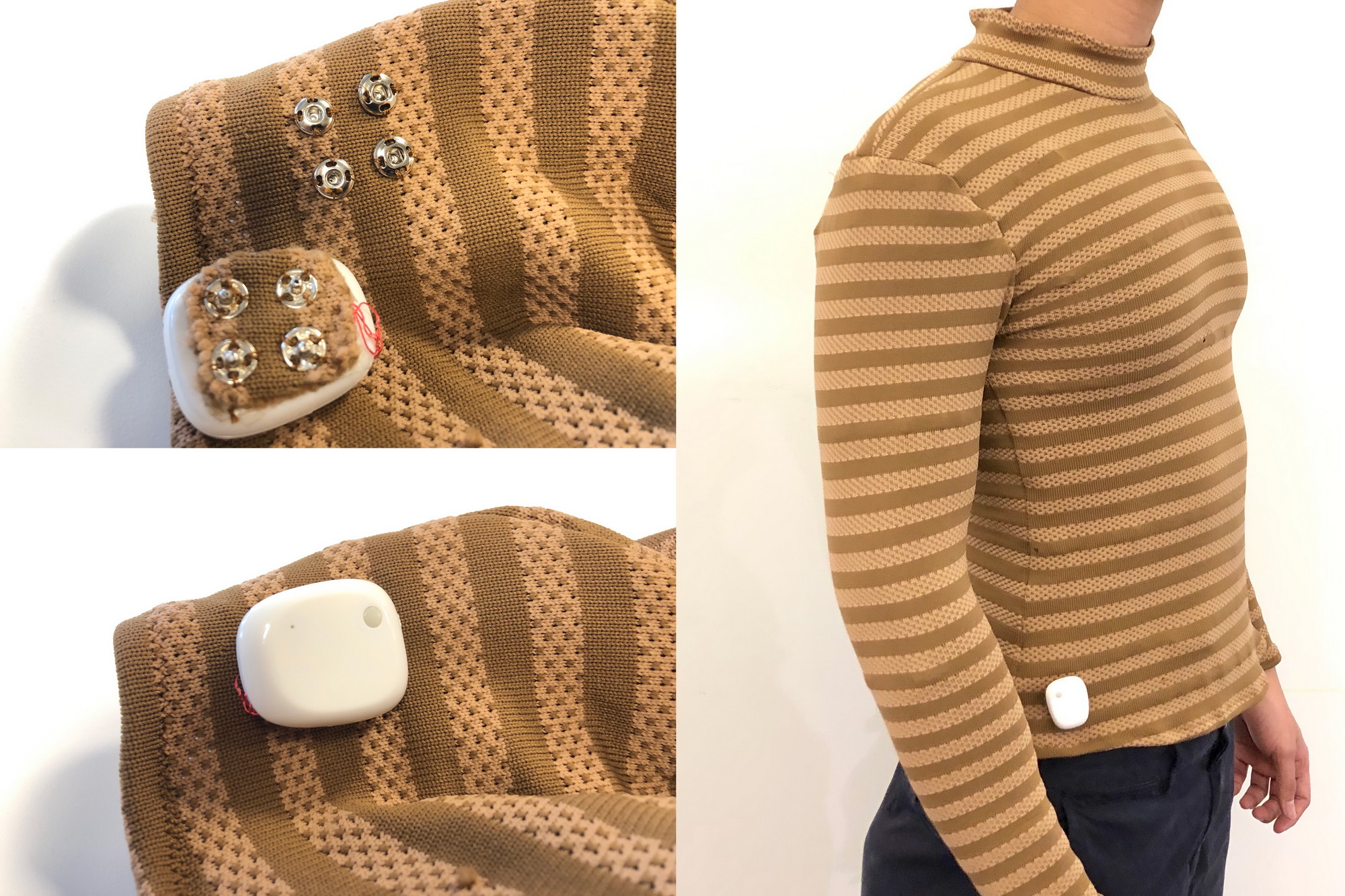 MIT最近研發一款智能衣，嵌入30個柔軟的傳感器，透過腰側的白色盒子傳輸數據。（MIT圖片）