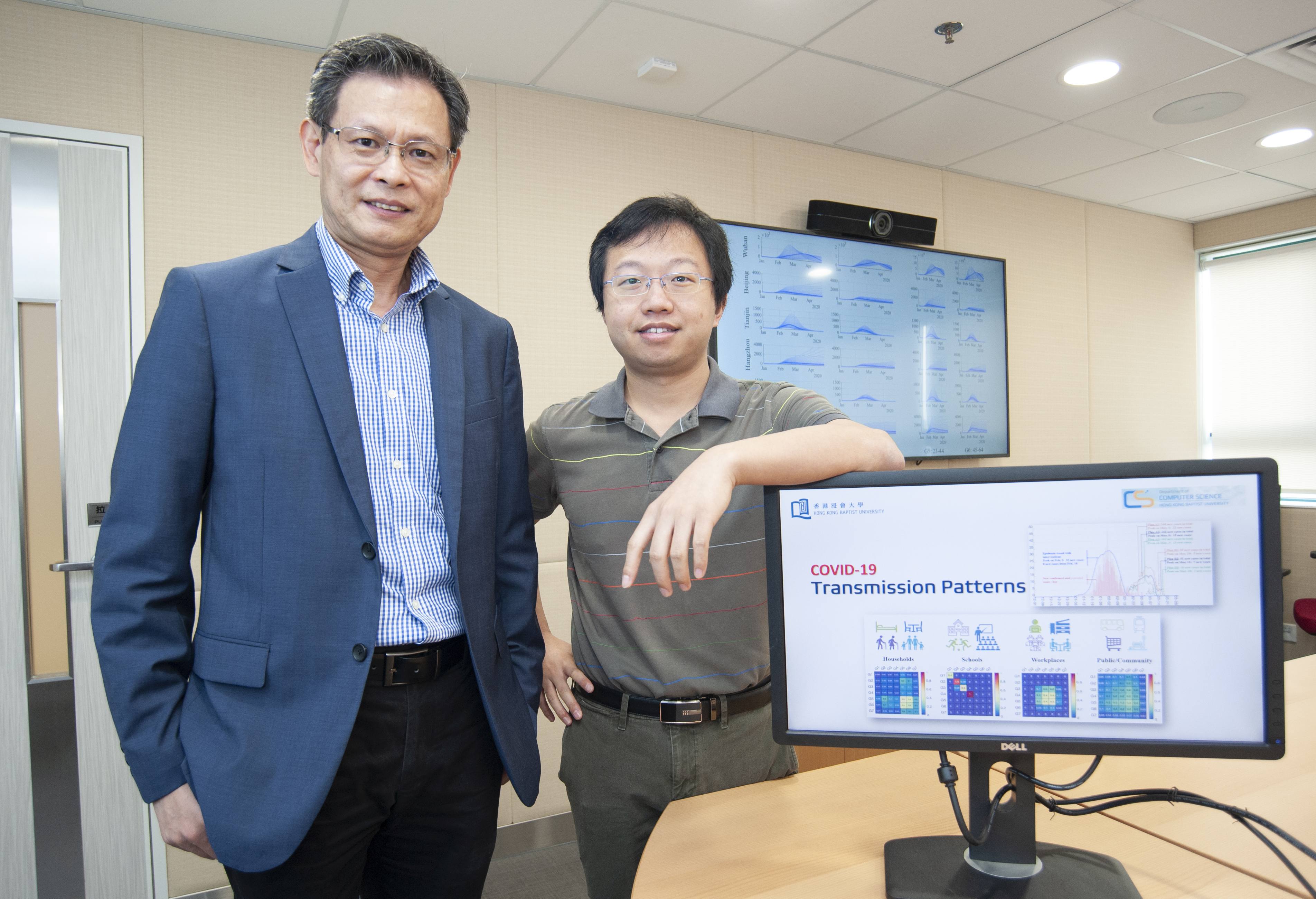 （左起）劉際明教授及劉泱博士建立新計算模型，稱能明確描繪及量化新冠病毒的傳播模式。（浸大圖片）