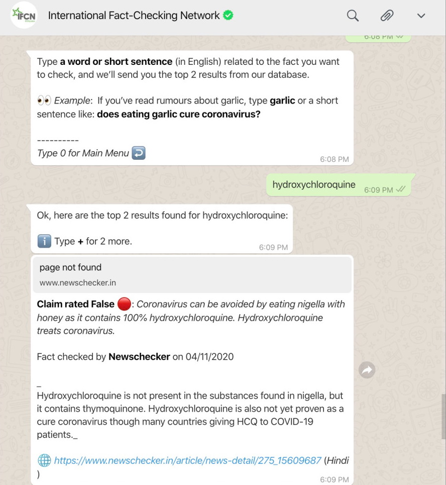 用戶可透過WhatsApp的聊天機械人，分辨疫情相關的虛假消息。（網上圖片）