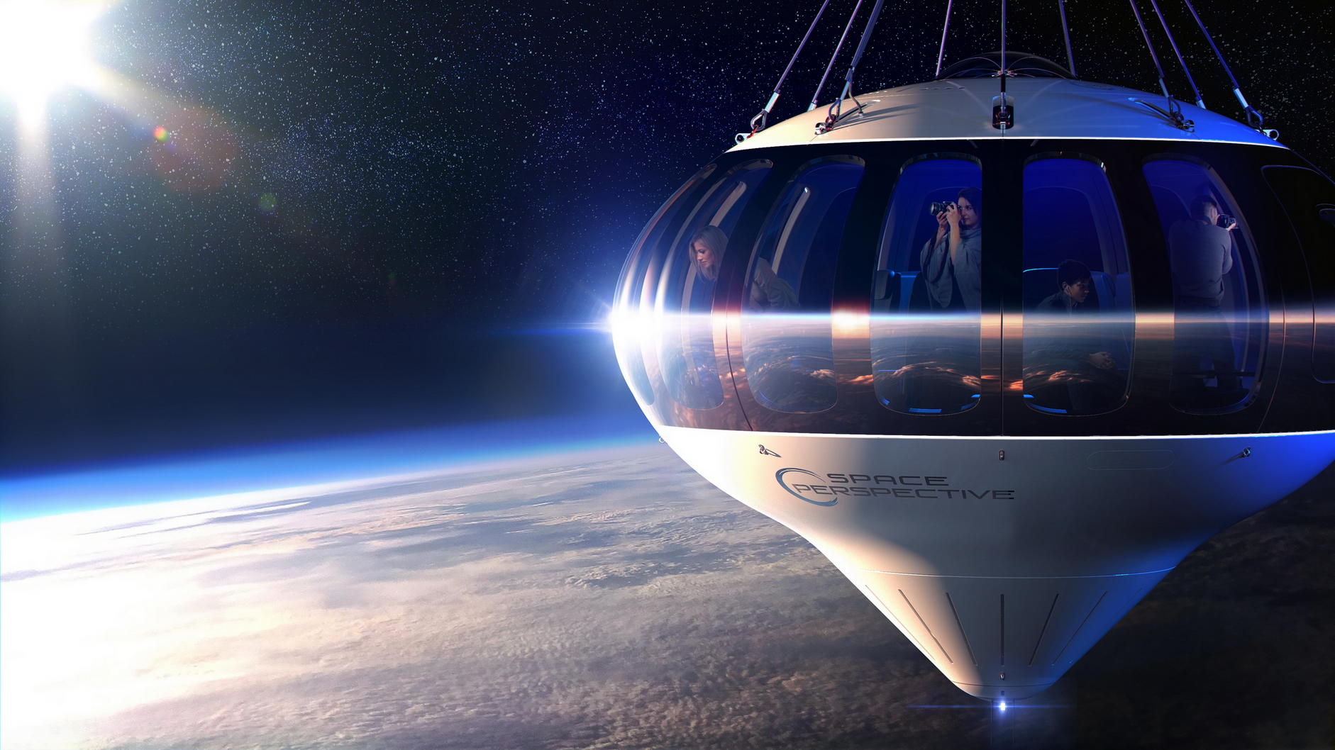 平流層氣球吊起球形太空艙，旅客可透過落地玻璃窗，在高空飽覽地球景象。（Space Perspective圖片）