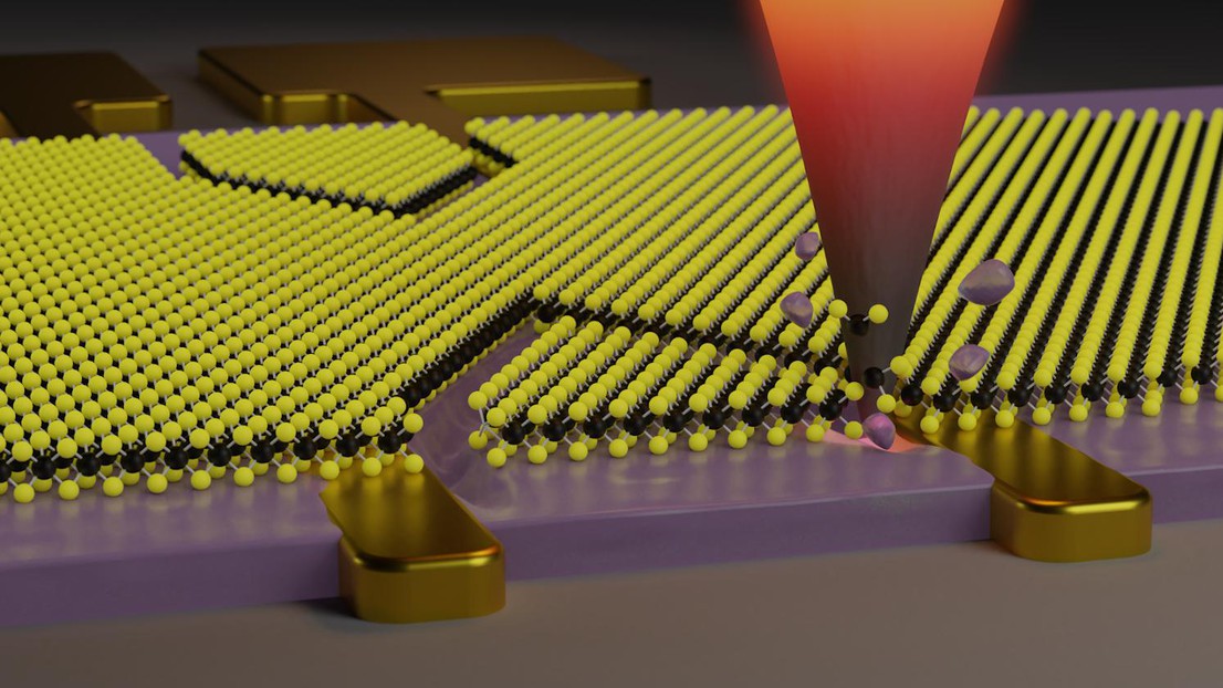 二碲化鉬厚度少於三層原子，熱掃描探針光刻（t-SPL）的操作過程，如進行納米級剪紙。（EPFL圖片）