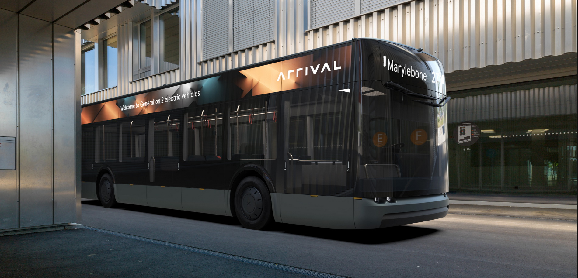 新型電動巴士Arrival Bus外側車身上方，設有360度的LED屏幕顯示資訊。（Arrival圖片）