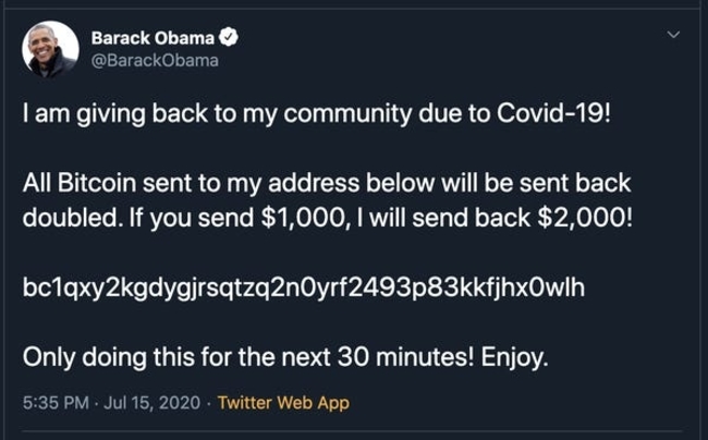 美國前總統奧巴馬Twitter賬戶被盜，用作發布「轉賬Bitcoin，雙倍奉還」慈善騙局帖子。（網上圖片）