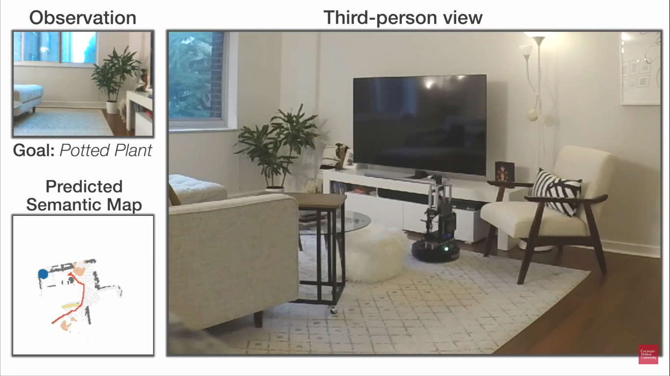 使用SemExp的機械人能自動按家具位置布局建構地圖，完成室內導航工作。（影片擷圖）