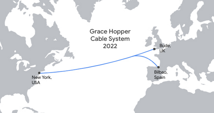 電纜從美國紐約出發，連接英國布德（Bude）及西班牙畢爾包（Bilbao）。（Google圖片）