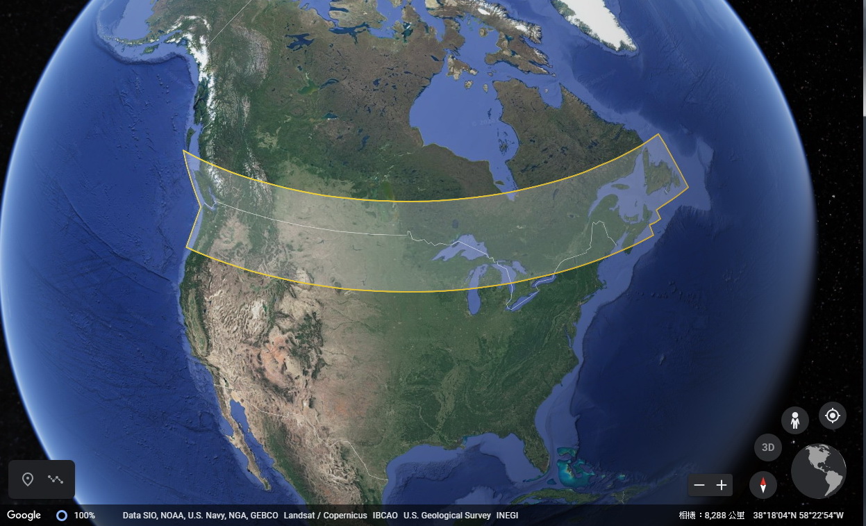 星鏈目前在美國北部、加拿大部分地區，率先提供Beta版本測試。（Google Earth圖片）