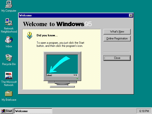 Win95為微軟首款32位元作業系統，左下角的開始（Start）選單鍵，仍是視窗的標準配置。（網上圖片）