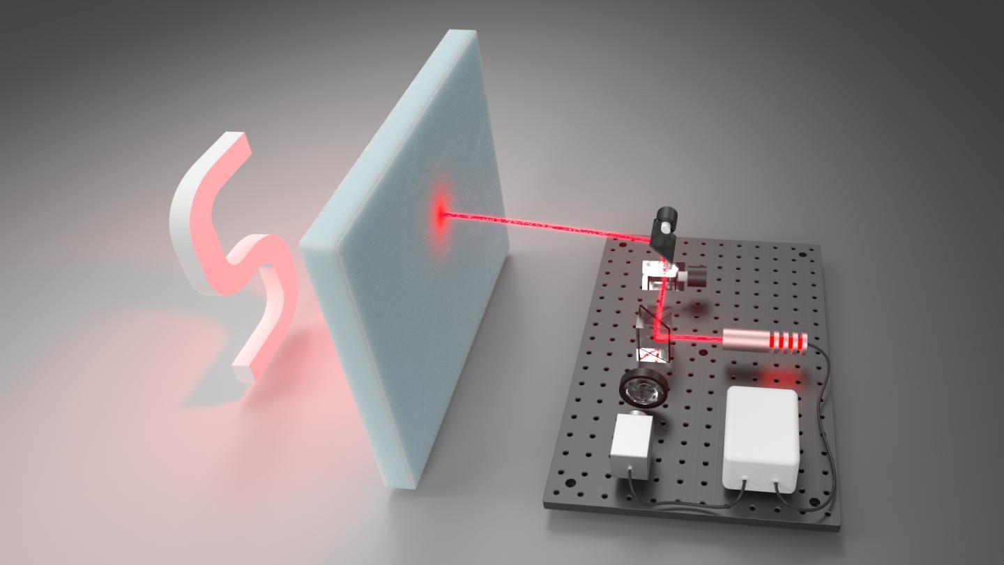 研究團隊在實驗中，成功重塑光子擊中發泡膠板後的「S」字立體影像。（史丹福大學圖片）