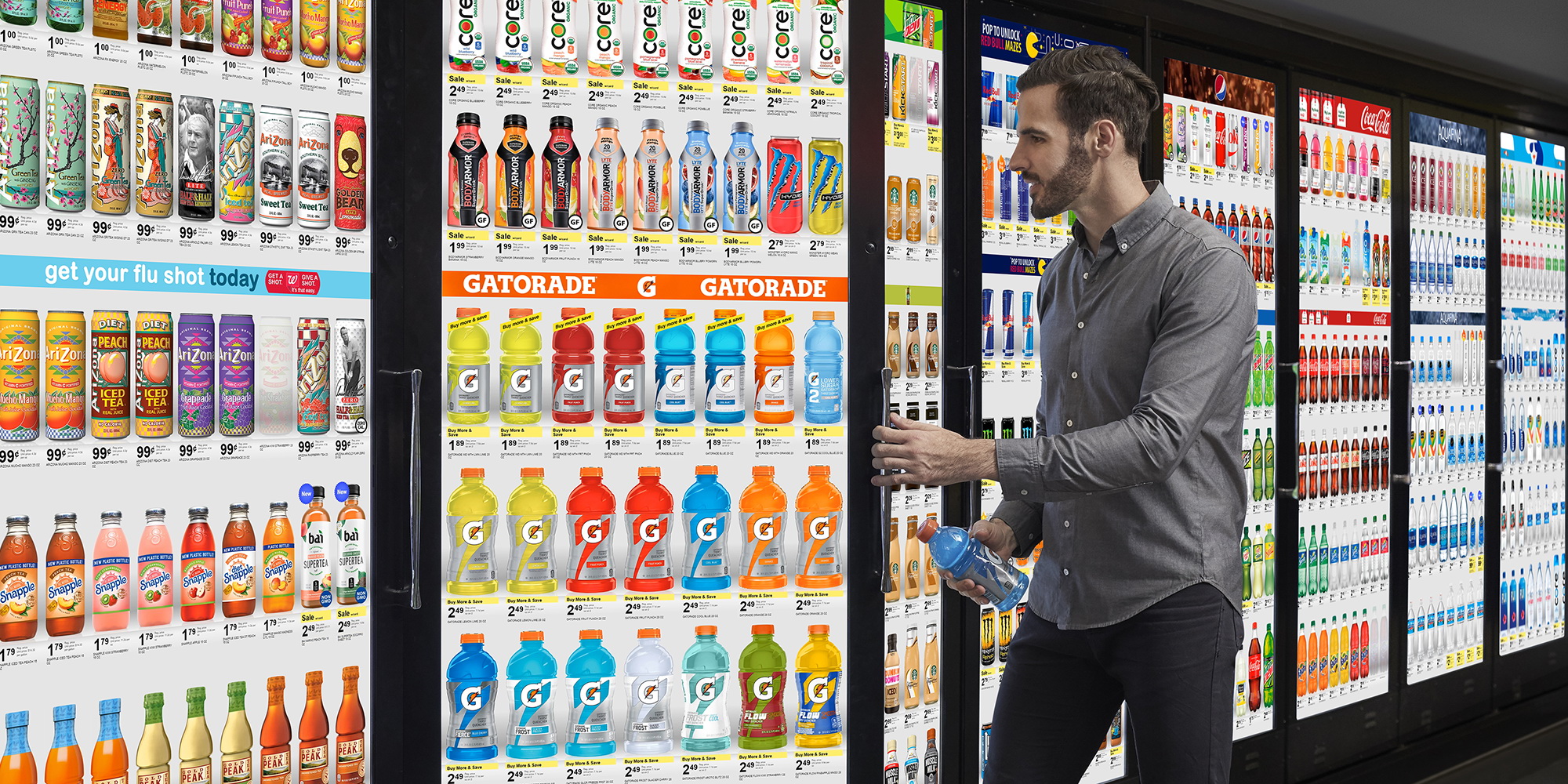 Cooler Screens以電子屏幕取代玻璃門，讓消費者逛店舖時，亦能有網上購物的體驗。（Cooler Screens網上圖片）