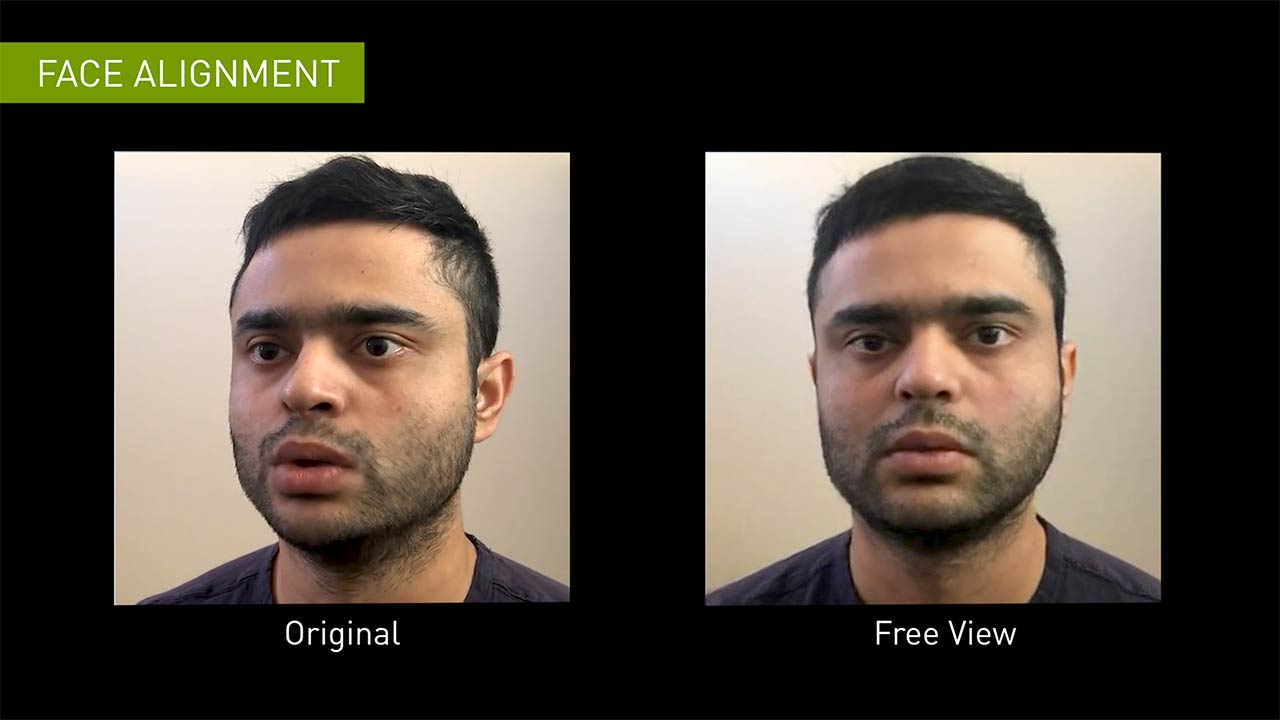 除了人面補光及虛擬背景，亦提供面部對齊功能，模擬雙方眼神接觸。（Nvidia網上圖片）