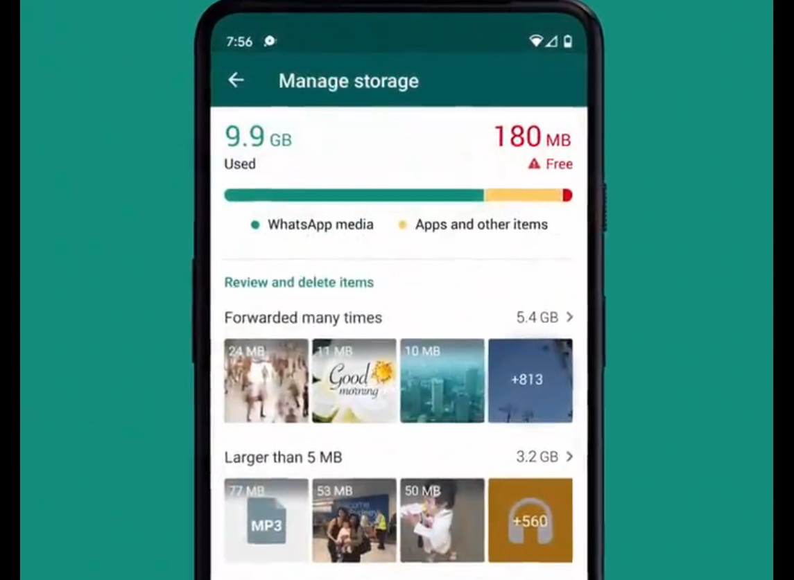 WhatsApp推出檔案儲存管理工具，方便用戶將不必要的影片及圖片刪除，騰出手機儲存空間。（影片截圖）