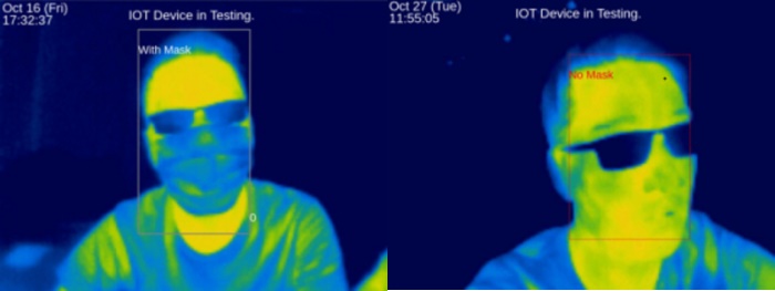 SASH警報器利用熱像儀，偵測偏離正常體溫的人臉，並偵測人們有否佩戴口罩。（港大圖片）