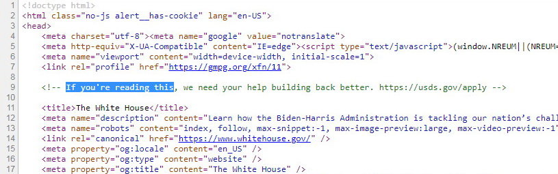白宮網站HTML代碼藏有白宮內部技術團隊「美國數碼服務」的訊息。（網上圖片）