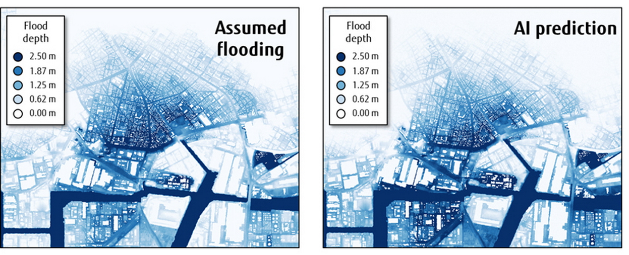 日本團隊利用AI為東京灣預測水浸範圍。（富士通圖片）