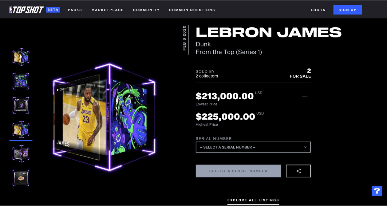 勒邦占士入球的虛擬球員卡，炒價隨時達21萬美元以上。（NBA Top Shot圖片）