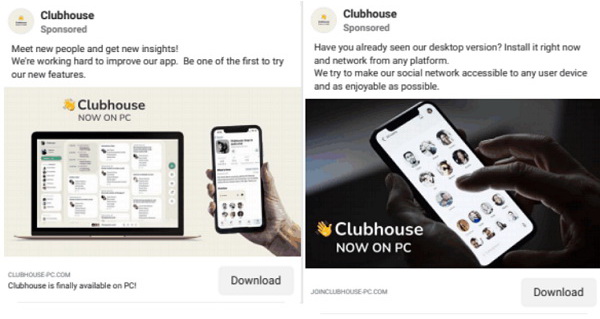 在上周二至周四期間，fb曾刊登至少9則有關假冒Clubhouse的廣告。（網上圖片）