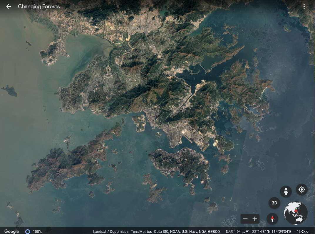 利用Google Earth最新功能，可以時光倒流，見證香港由1984年至2020年的變化。圖中可見1984年的香港尚未有赤鱲角機場。（谷歌地球圖片）